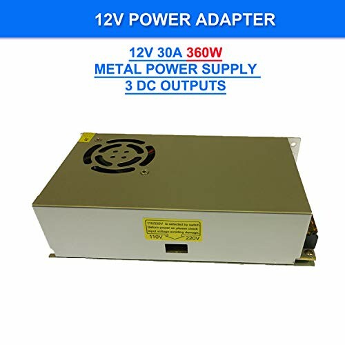 12V power adapter with 30A 360W capacity, metal power supply with 3 DC outputs.