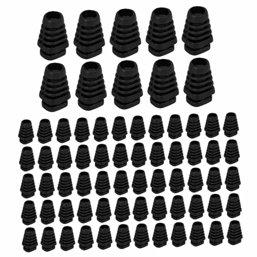 Black plastic chair leg caps in various sizes.