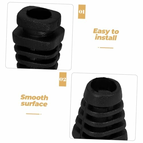 Black plastic furniture leg caps labeled easy to install and smooth surface.