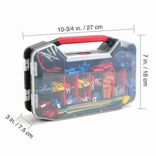 Plastic organizer box with assorted electrical connectors and tools, dimensions labeled.