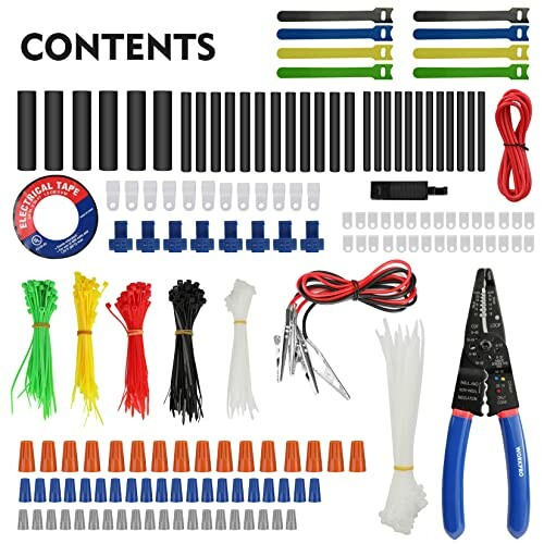 Assorted electrical tools and accessories including wire strippers, tape, connectors, and ties.