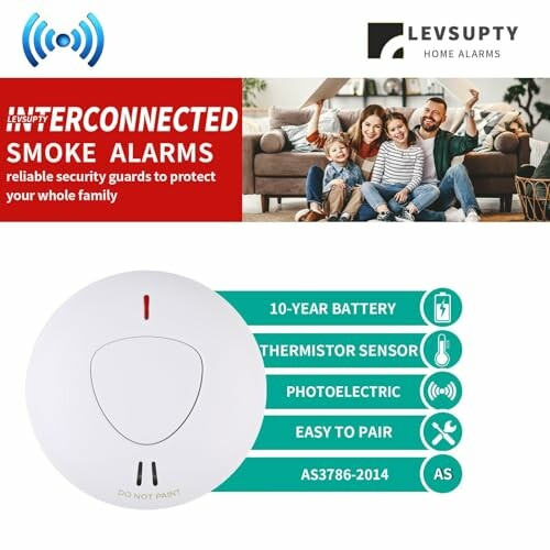 LevSupty interconnected smoke alarms with 10-year battery and sensors.