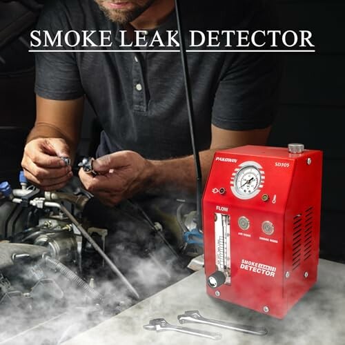 Mechanic using a smoke leak detector on a car engine.